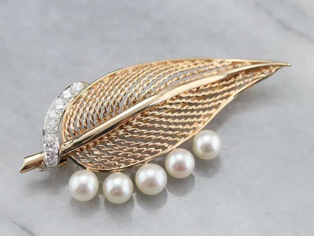 Mid-Century Diamond and Cultured Pearl Leaf Brooch - image 2