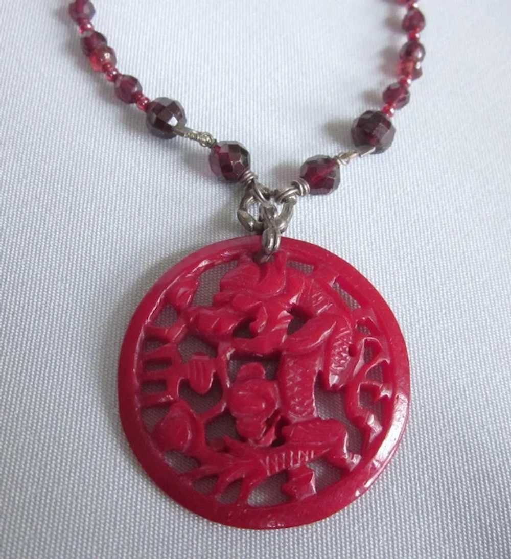 Vintage Dragon Pendant Necklace, Crystal Beads, L… - image 2