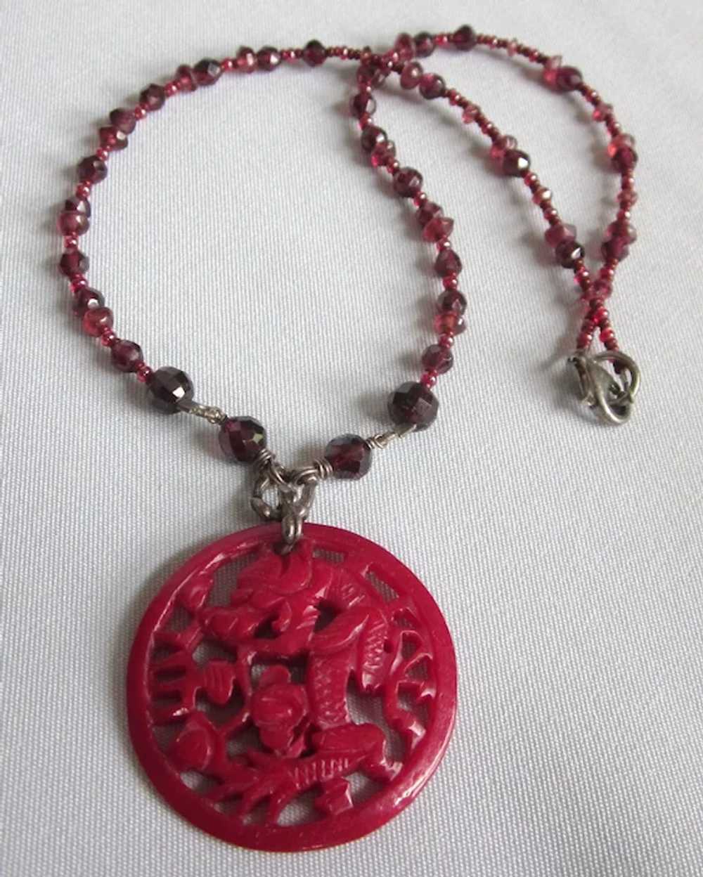 Vintage Dragon Pendant Necklace, Crystal Beads, L… - image 3