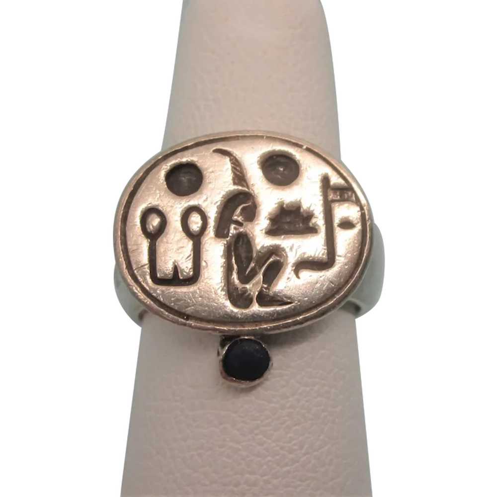 Unusual Vintage Sterling Hieroglyphics Ring, Size… - image 1