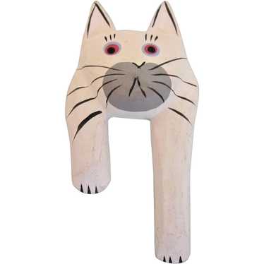 Whimsical Carved Wood Hand Painted Cat Brooch - image 1