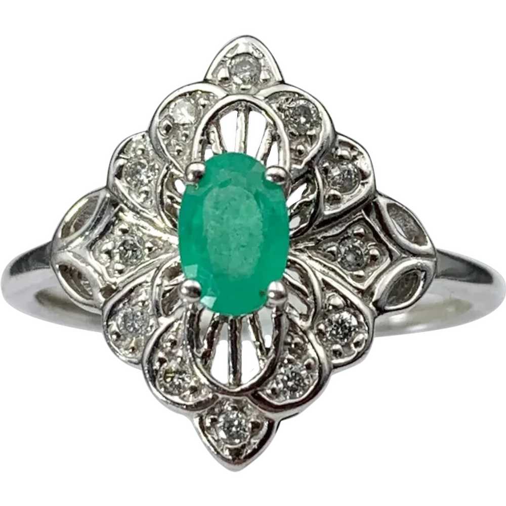 Alluring Art Deco  White 14K, Diamond & Emerald R… - image 1