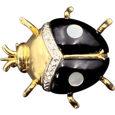 14K, Diamond, Mother of Pearl & Enamel Insect Bro… - image 1