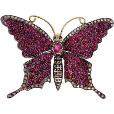 Antique Silver, Gold, Ruby & Diamond Butterfly Br… - image 1