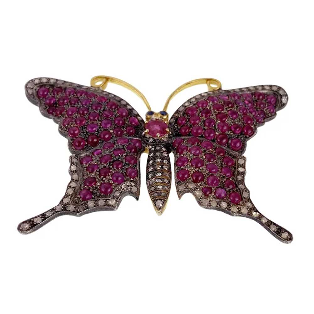 Antique Silver, Gold, Ruby & Diamond Butterfly Br… - image 2