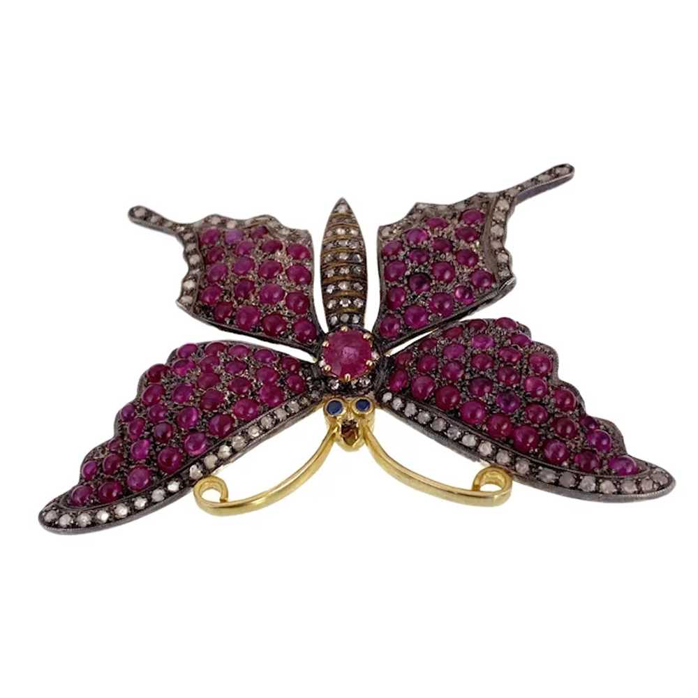 Antique Silver, Gold, Ruby & Diamond Butterfly Br… - image 3