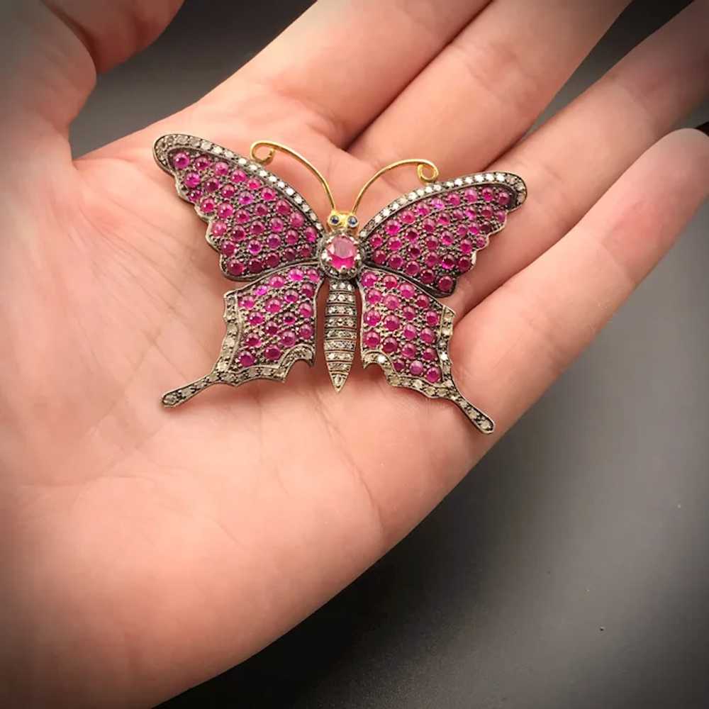 Antique Silver, Gold, Ruby & Diamond Butterfly Br… - image 7