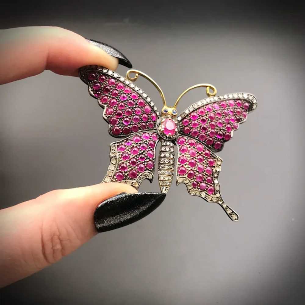 Antique Silver, Gold, Ruby & Diamond Butterfly Br… - image 8