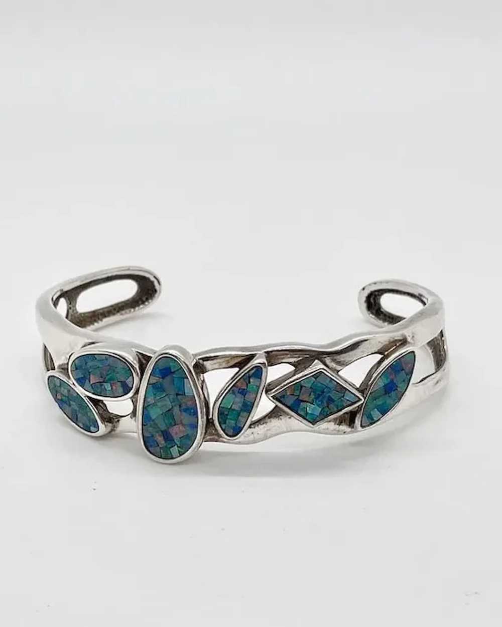 Australian black opal mosaic sterling silver cuff… - image 7