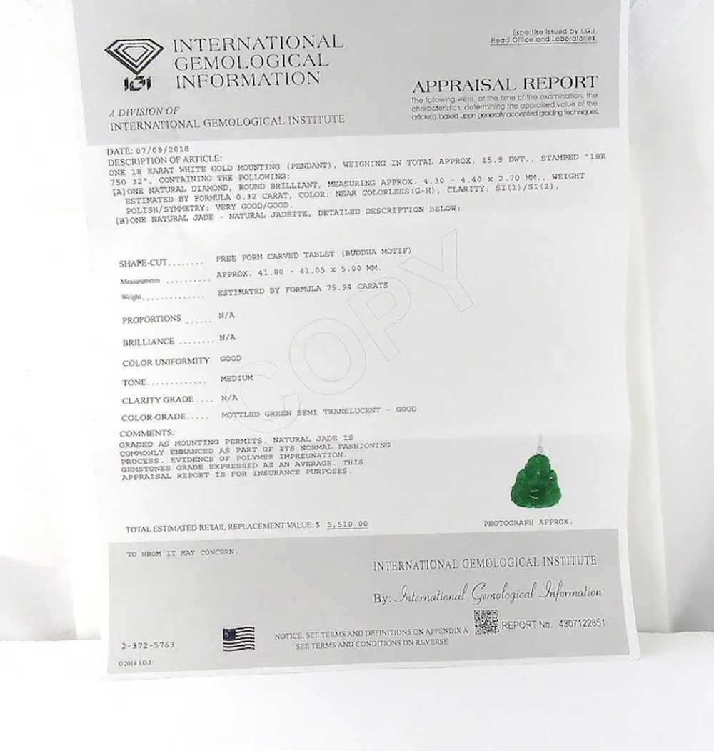 IGI Certified 18K White Gold Natural Jade and Dia… - image 8