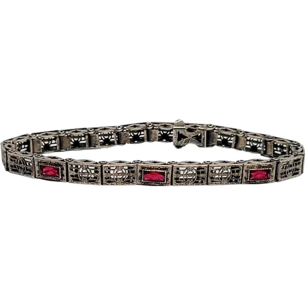 Antique Sterling Silver Red Stone Filigree Bracel… - image 1