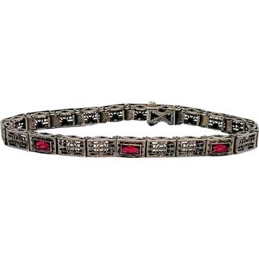 Antique Sterling Silver Red Stone Filigree Bracel… - image 1