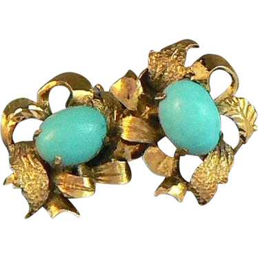 14K Gold Earrings Turquoise Cabochon Centers - image 1