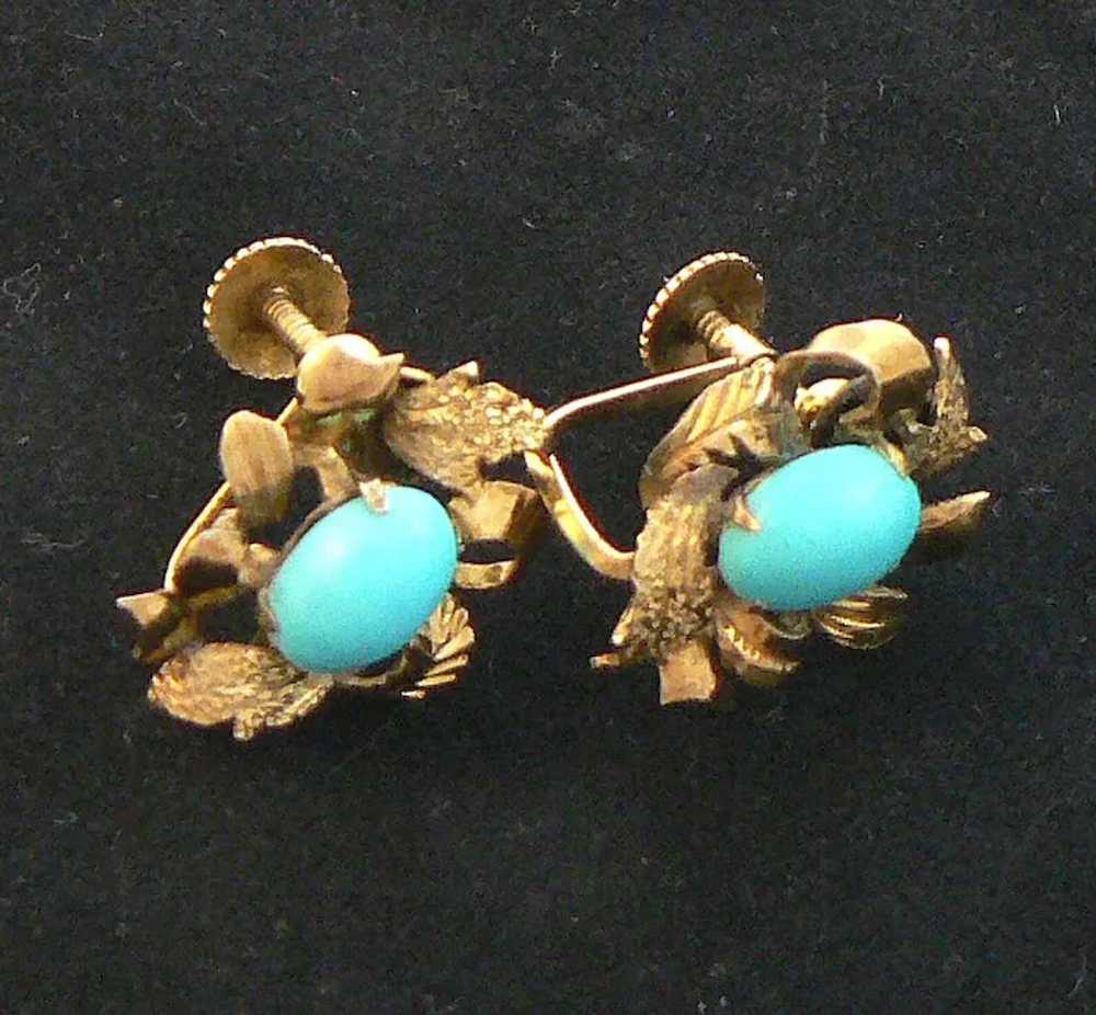 14K Gold Earrings Turquoise Cabochon Centers - image 2