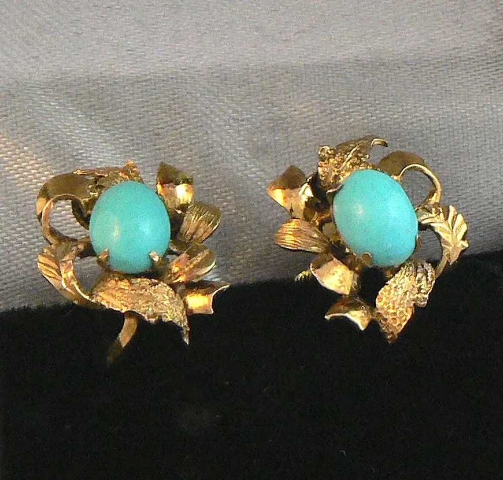 14K Gold Earrings Turquoise Cabochon Centers - image 3