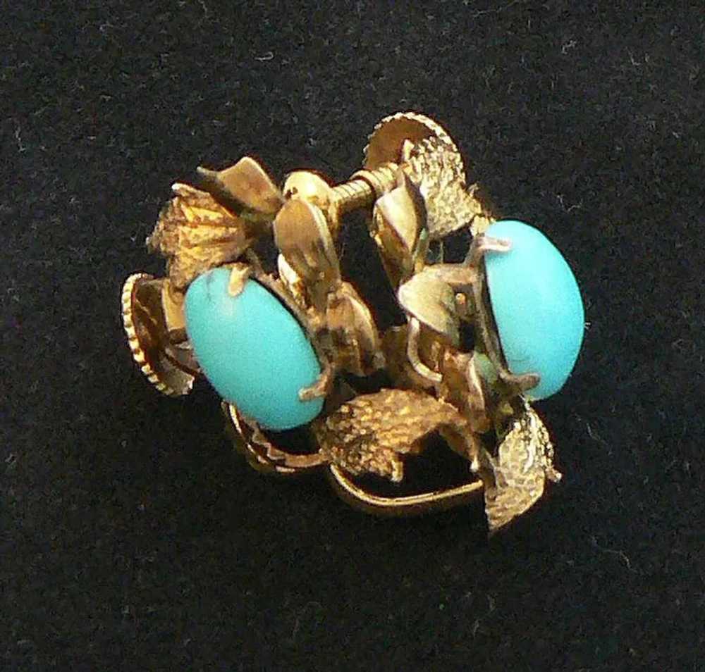 14K Gold Earrings Turquoise Cabochon Centers - image 5