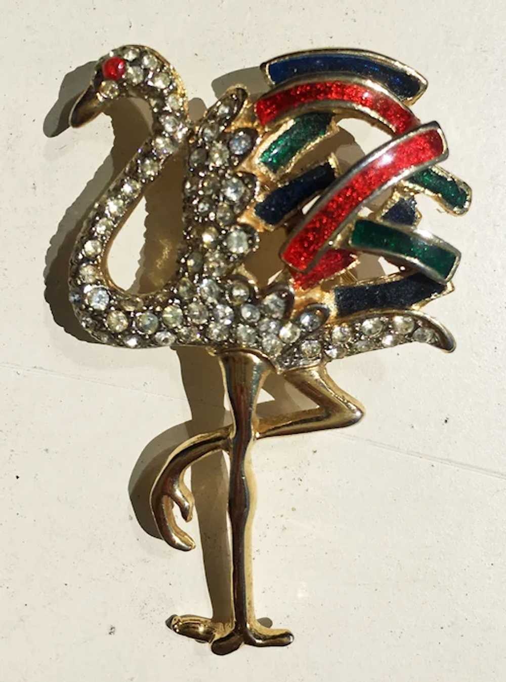 Vintage Ostrich brooch with rhinestone crystals a… - image 2