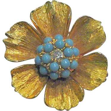De Nicola Flower Pin Faux Turquoise and Rhinestone