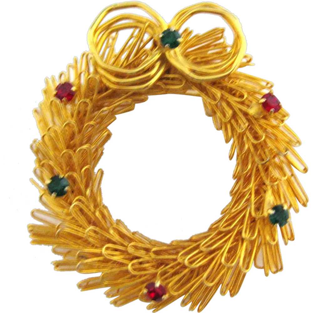 Charming Gold Tone Wirework Christmas Wreath Rhin… - image 1