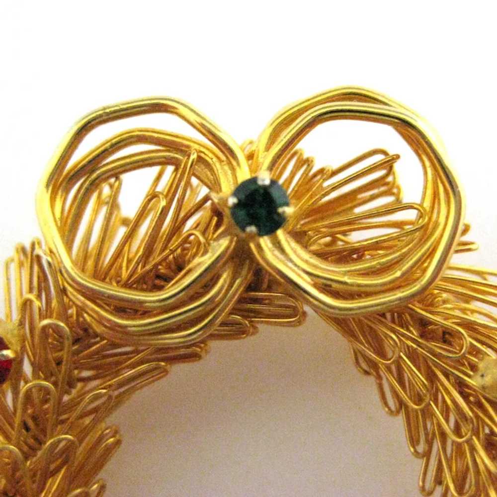 Charming Gold Tone Wirework Christmas Wreath Rhin… - image 2