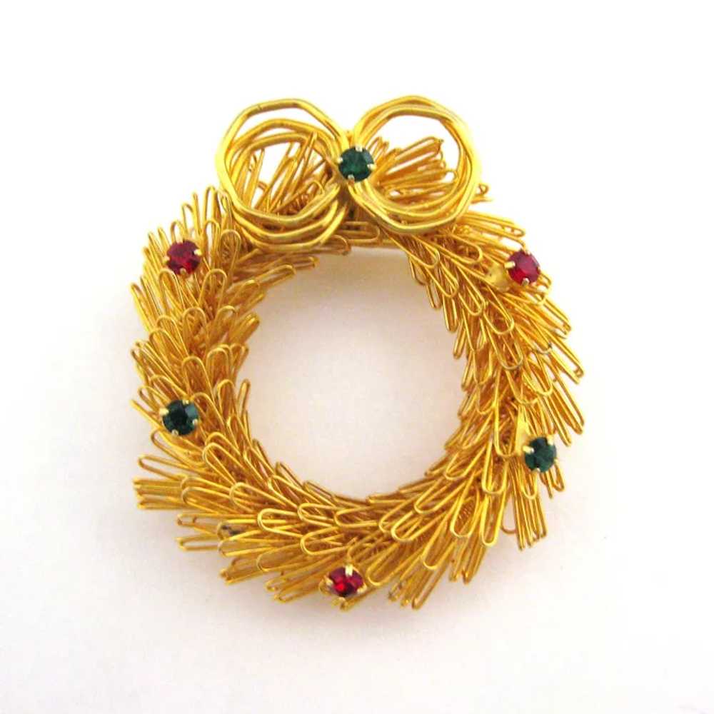 Charming Gold Tone Wirework Christmas Wreath Rhin… - image 4