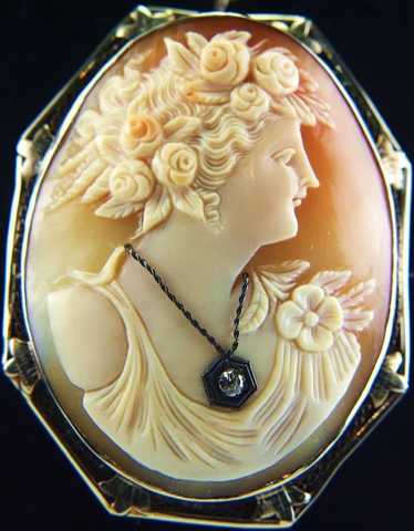 1920's XLarge 14K White Gold Shell Cameo of Flora 