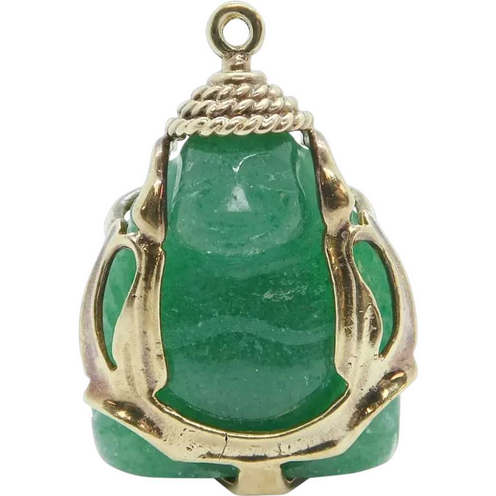 Vintage Carved Aventurine Buddha Charm 10k Yellow… - image 1