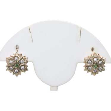 Russian 14KT Gold White And Green Stone Earrings - image 1