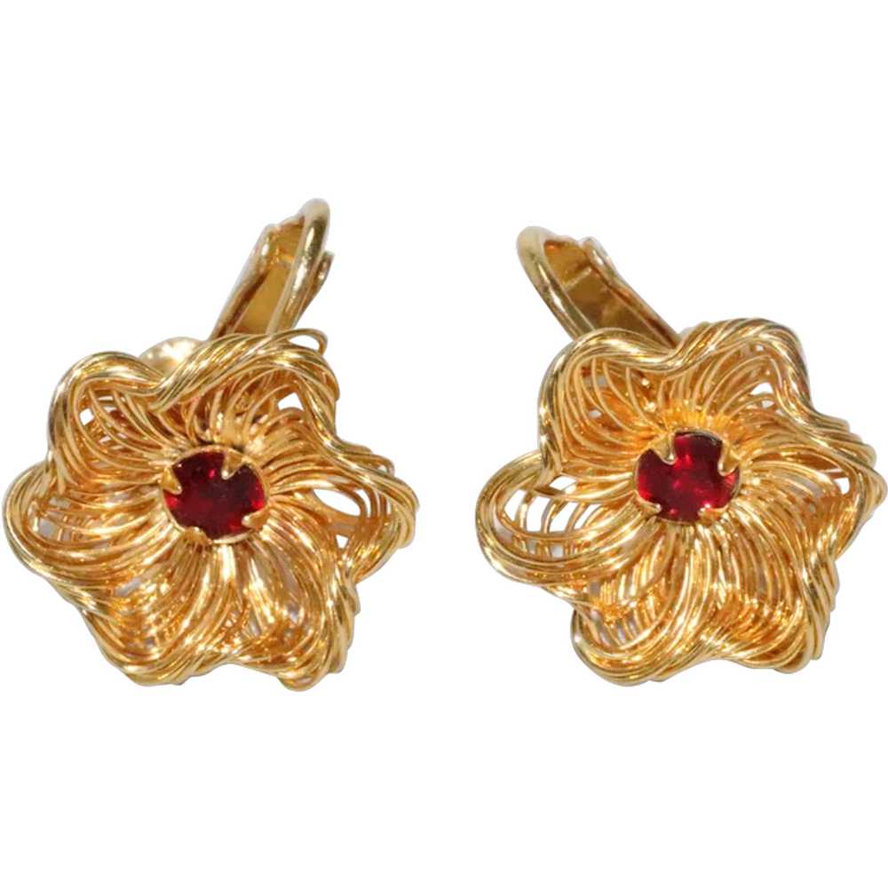 Vintage Gold Plated Garnet Clip-On Flower Earrings - image 1
