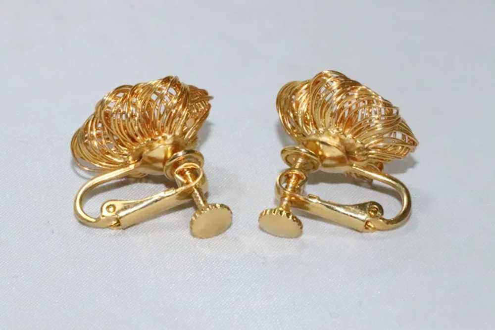 Vintage Gold Plated Garnet Clip-On Flower Earrings - image 2