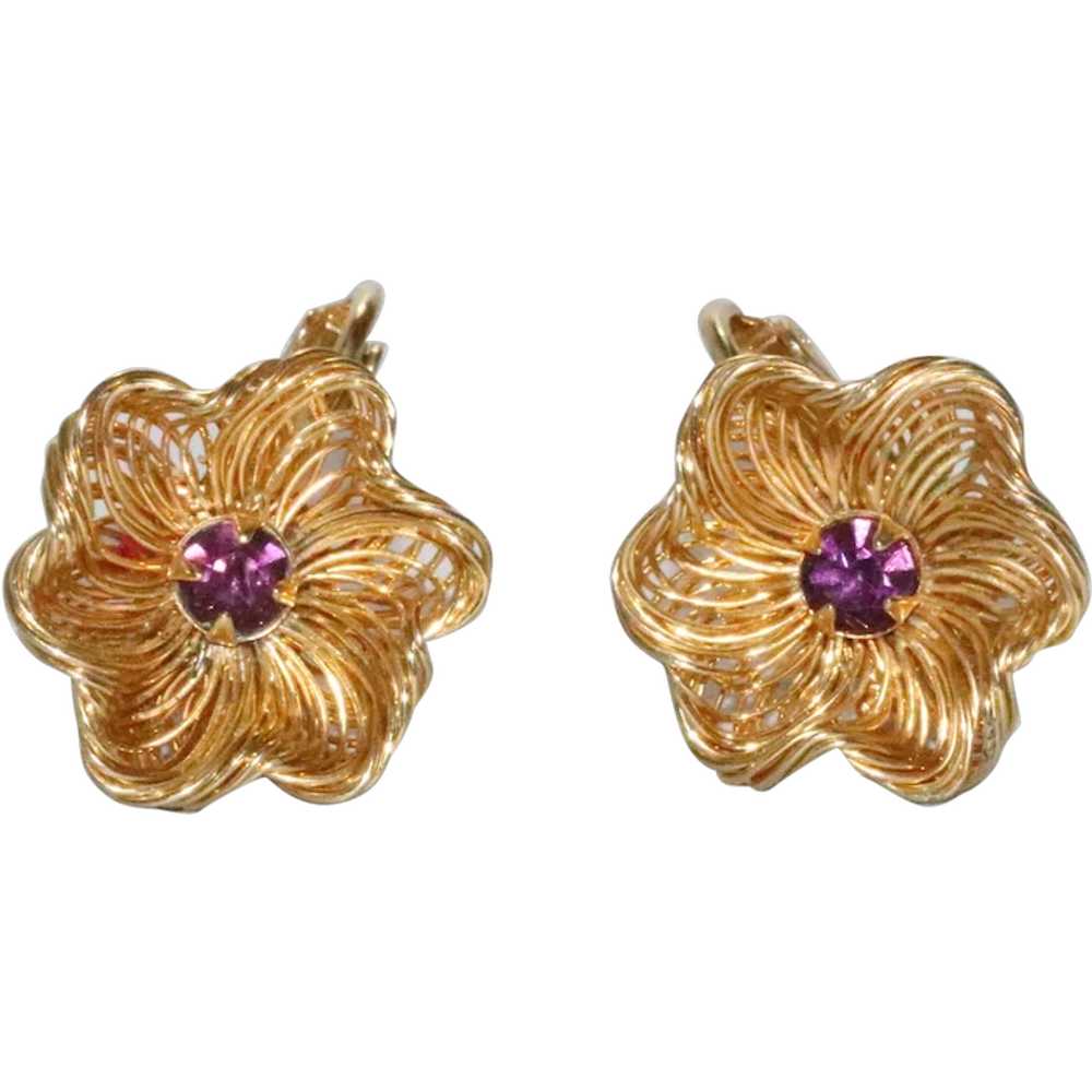 Vintage Gold Plated Amethyst Clip-On Flower Earri… - image 1