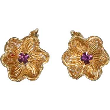 Vintage Gold Plated Amethyst Clip-On Flower Earri… - image 1