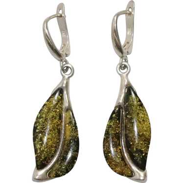 Sterling Silver Green Baltic Amber Earrings