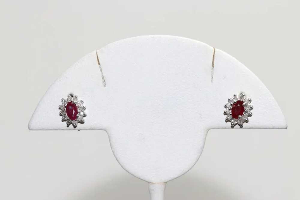 14KT White Gold Diamond Halo Ruby Earrings - image 2