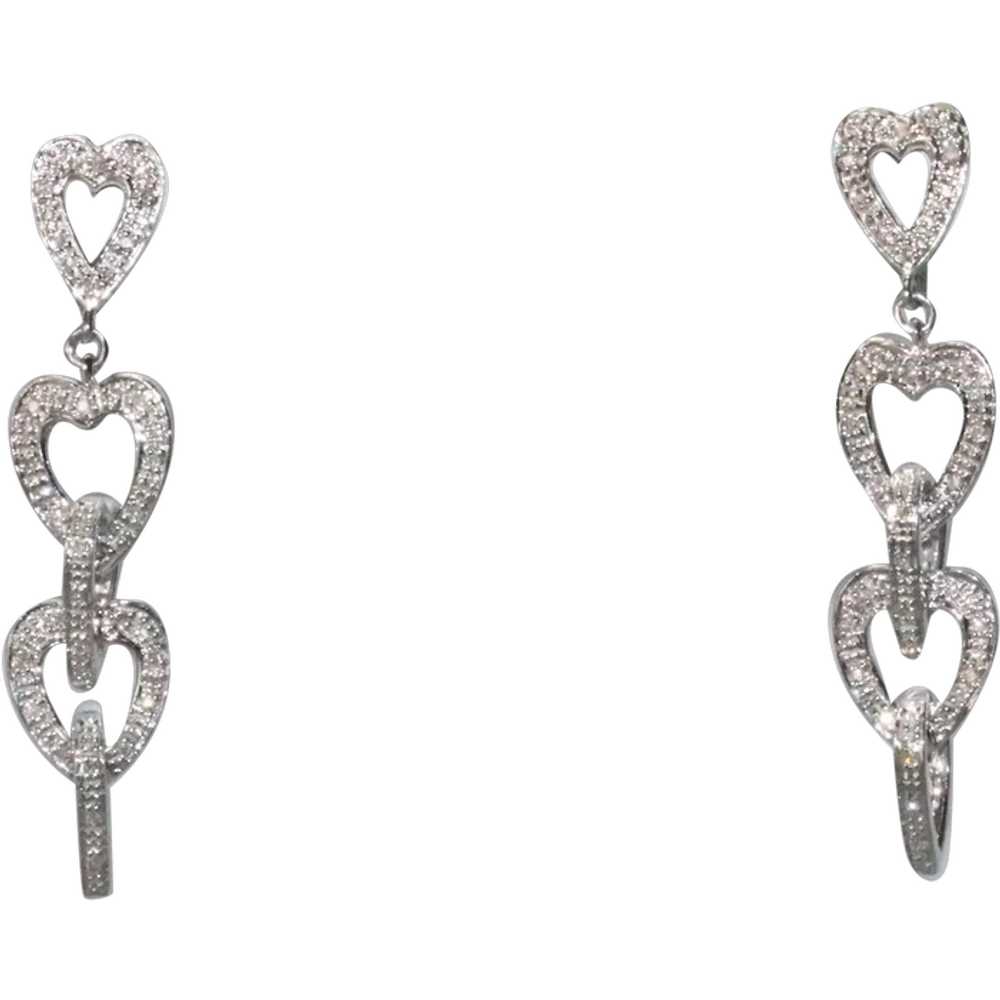 14K White Gold Dangling Diamond Heart Earrings - image 1