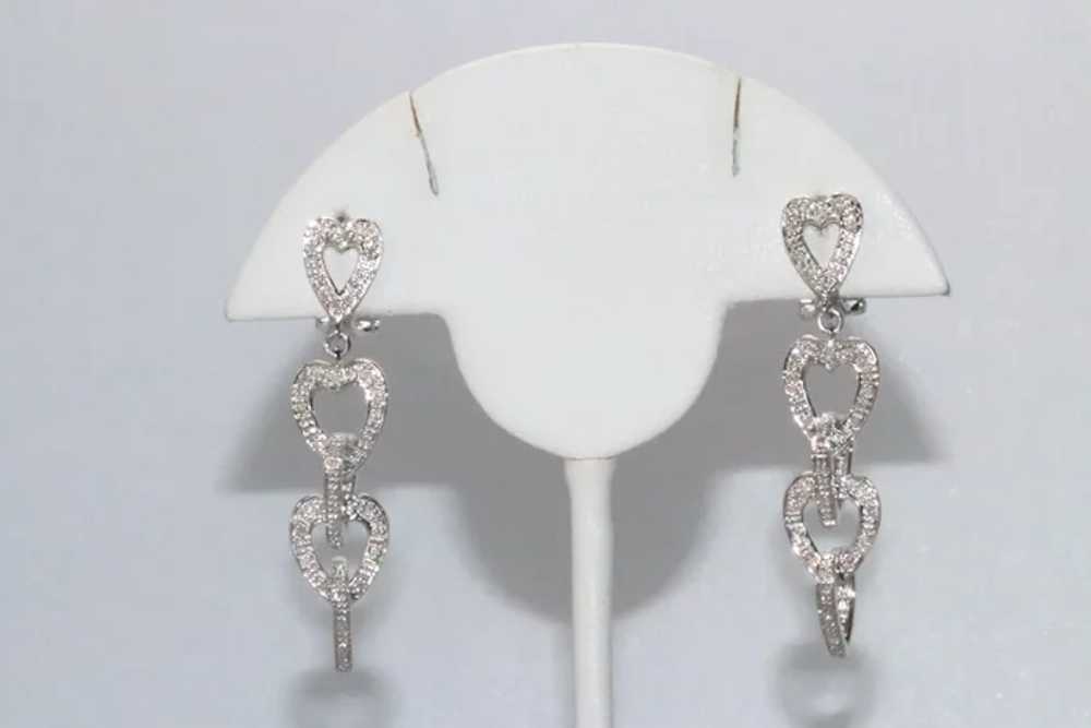 14K White Gold Dangling Diamond Heart Earrings - image 3