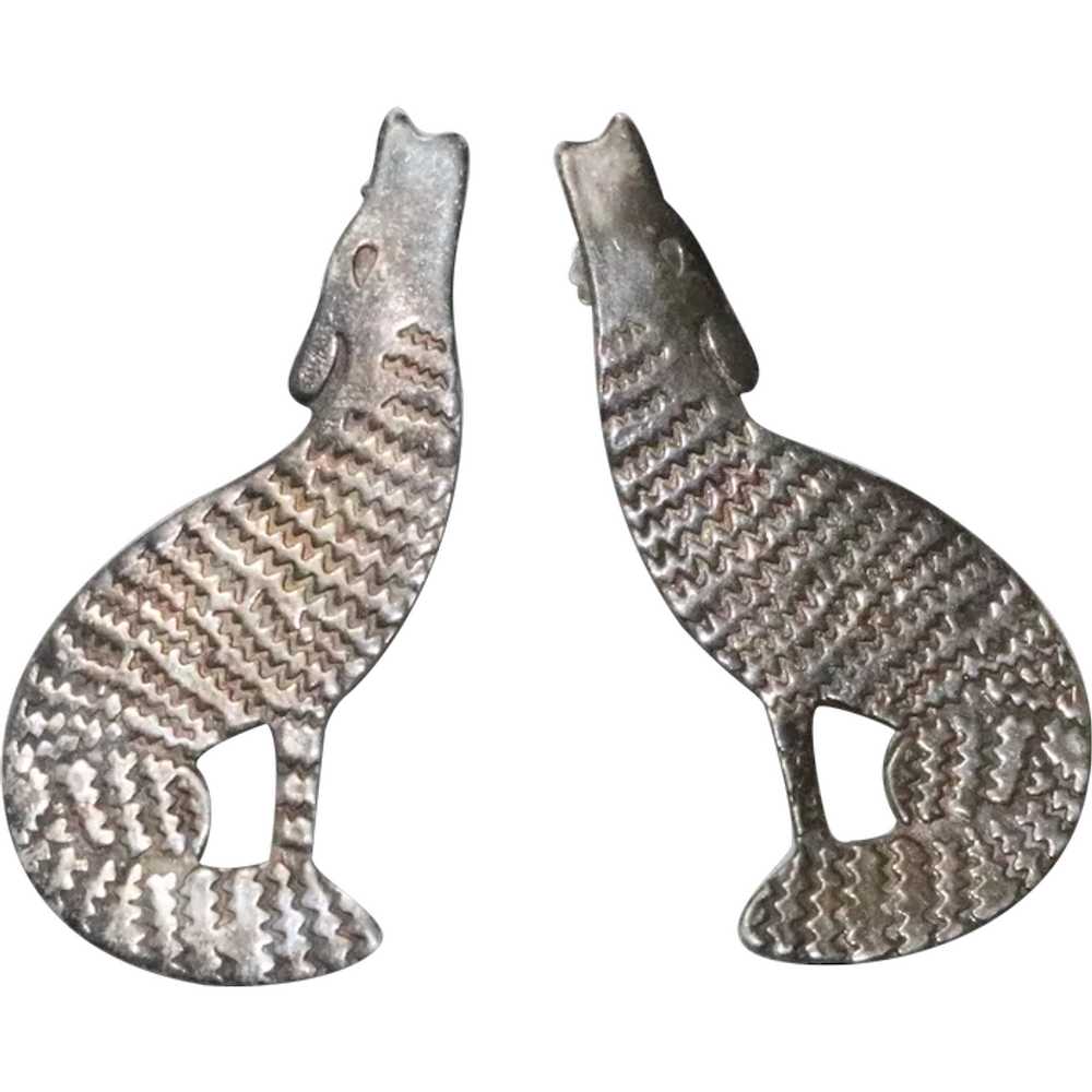 Vintage Sterling Silver Wolf Design Earrings - image 1