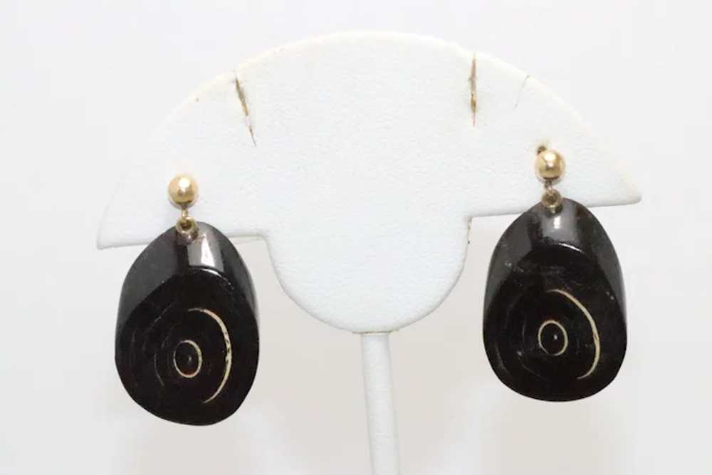 14K Yellow Gold Carved Black Wood Earrings - image 2