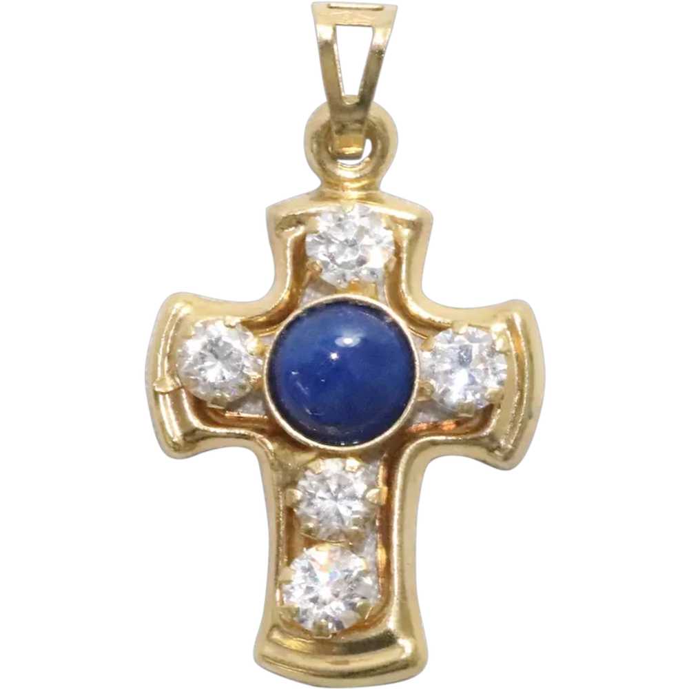 18 KT Yellow Gold Lapis Cubic Zirconia Cross Pend… - image 1