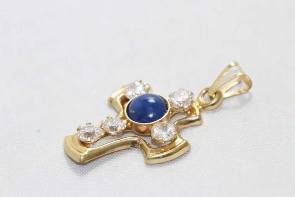 18 KT Yellow Gold Lapis Cubic Zirconia Cross Pend… - image 2