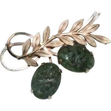12K Gold Filled Florentine Leaf Jade Brooch