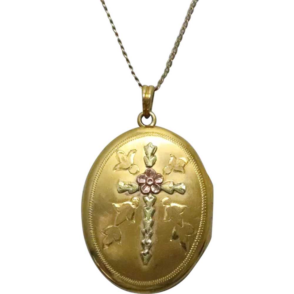 Vintage 10K Gold Floral Cross Locket Necklace - image 1