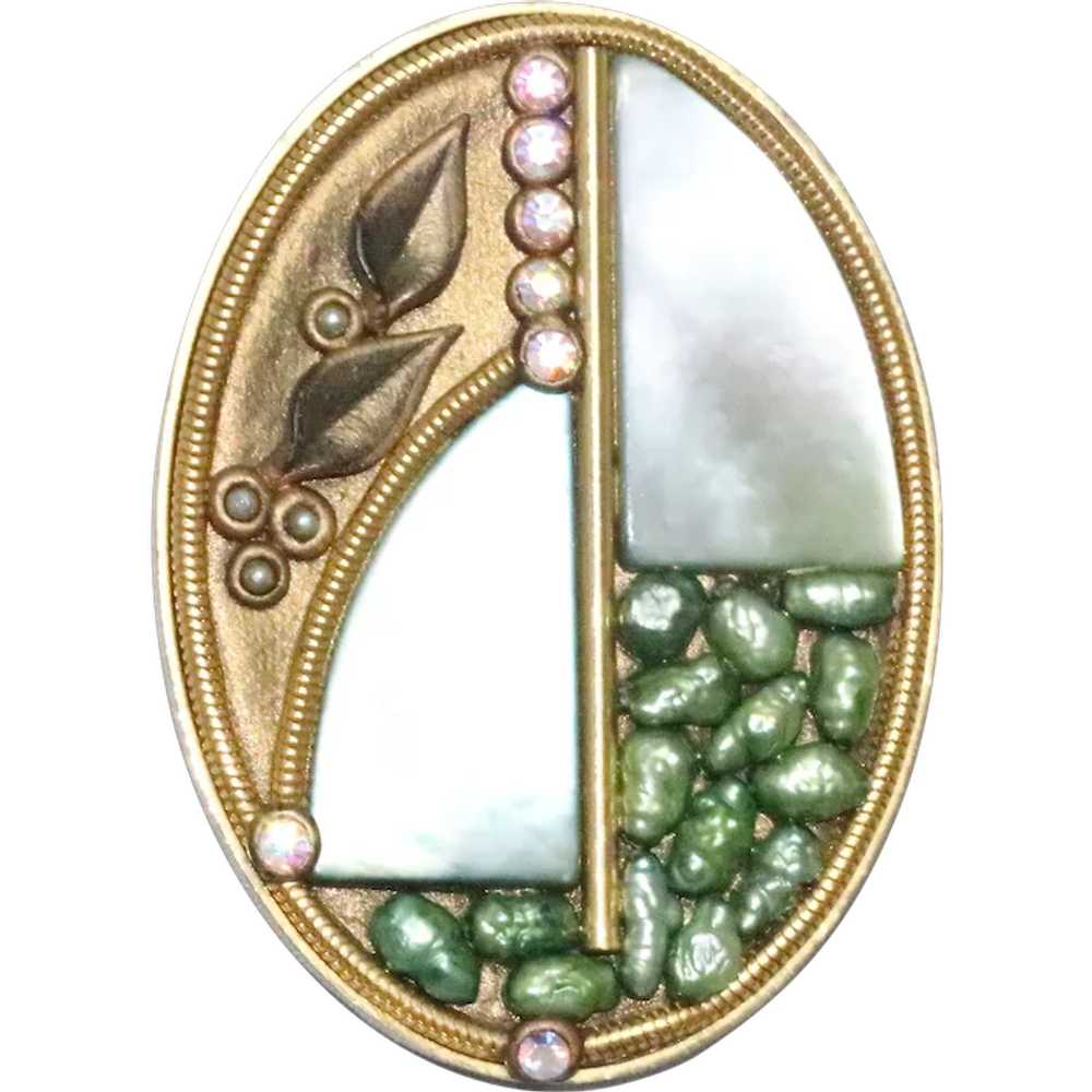 Vintage Marena Mother Of Pearl Scenic Brooch - image 1