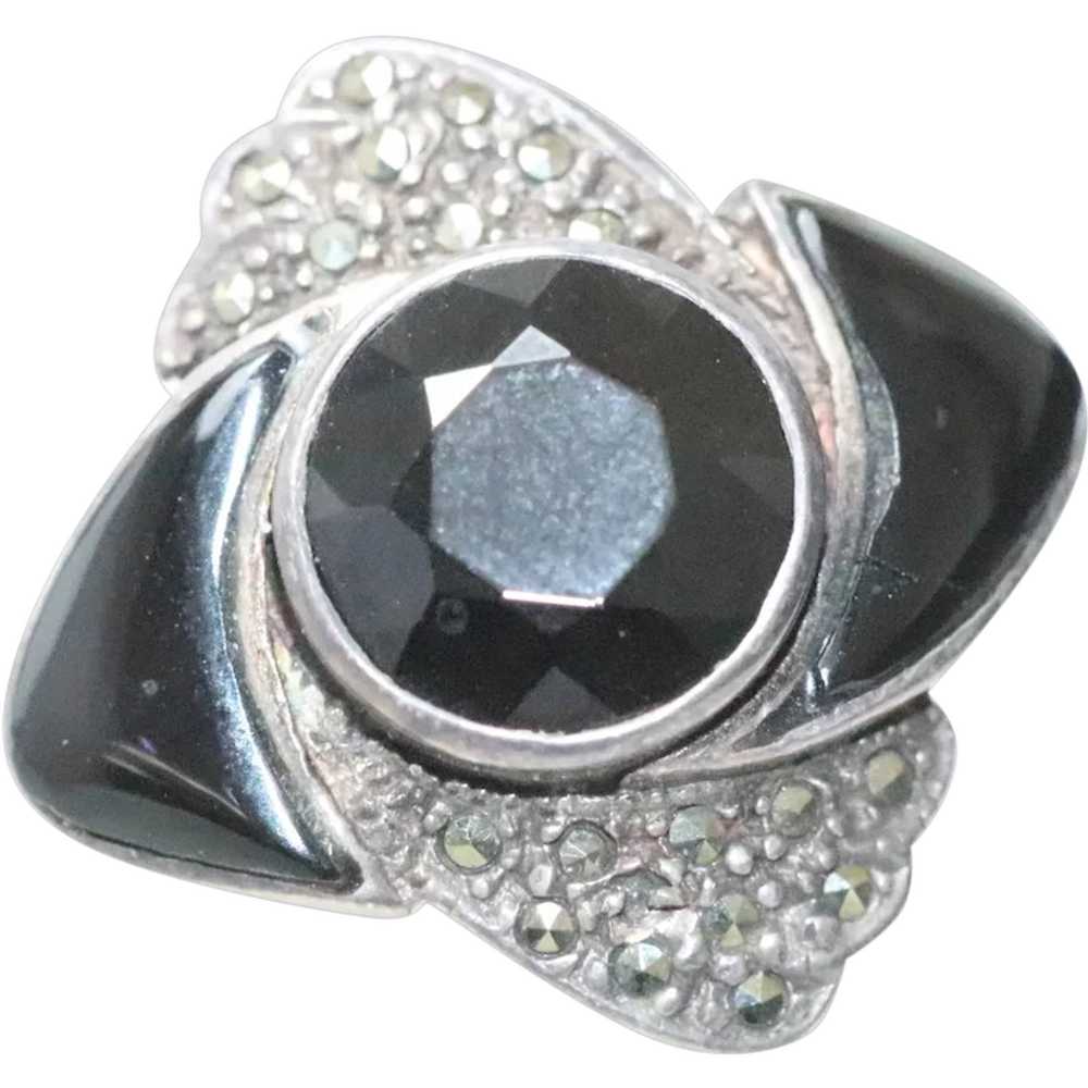 Vintage Sterling Silver Black Onyx Marcasite Ring - image 1