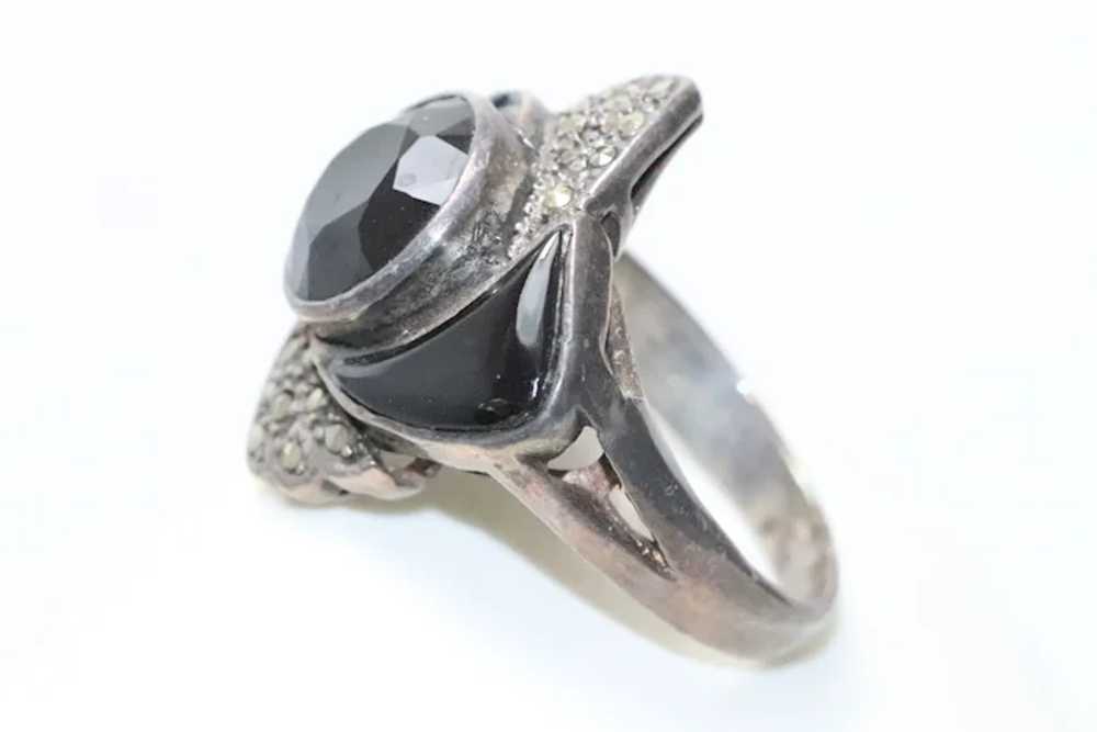 Vintage Sterling Silver Black Onyx Marcasite Ring - image 4