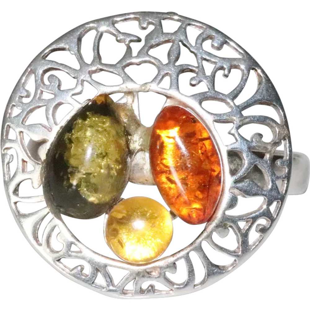 Sterling Silver Filigree Multi Colored Amber Ring - image 1