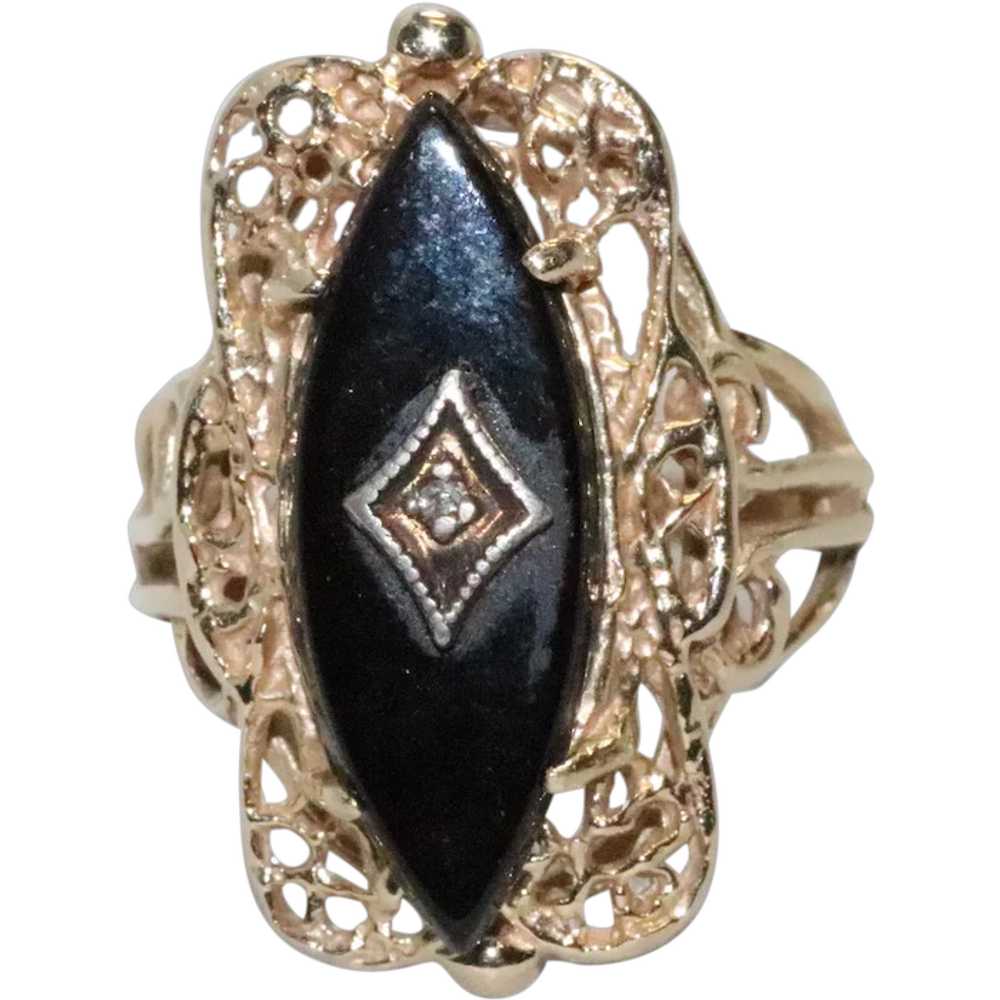 Victorian 14K Yellow Gold Diamond Onyx Ring - image 1