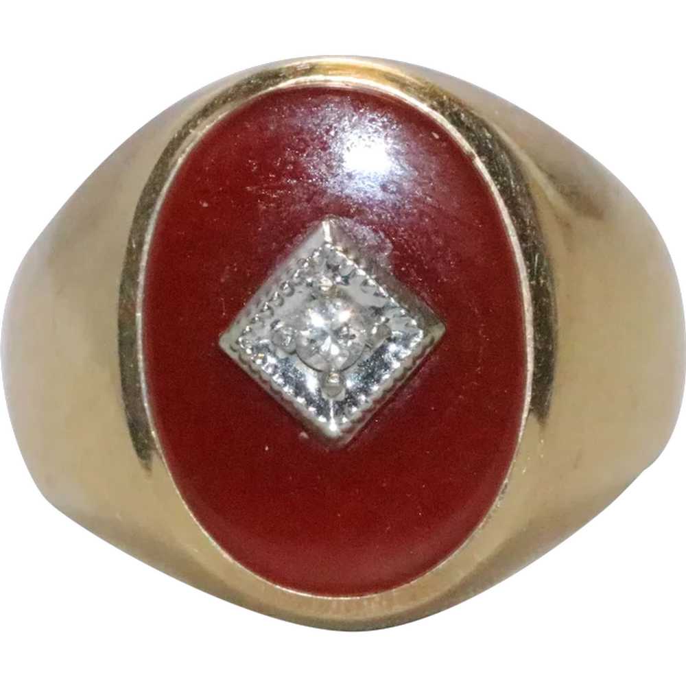 Vintage 14K Yellow Gold Diamond Carnelian Stone R… - image 1