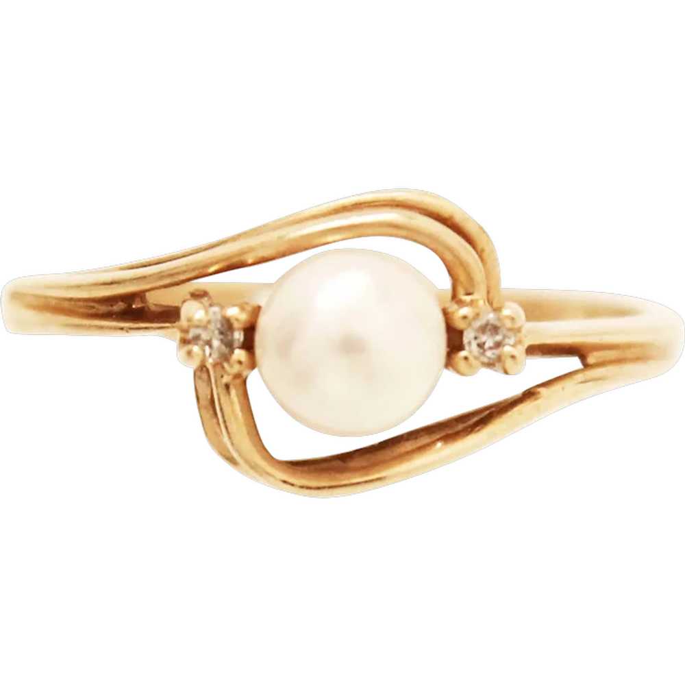 10K Cultured Pearl Diamond YG Ring c 1960 -1970 - image 1