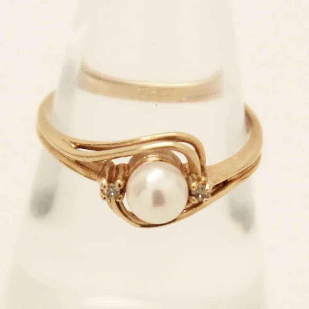 10K Cultured Pearl Diamond YG Ring c 1960 -1970 - image 3
